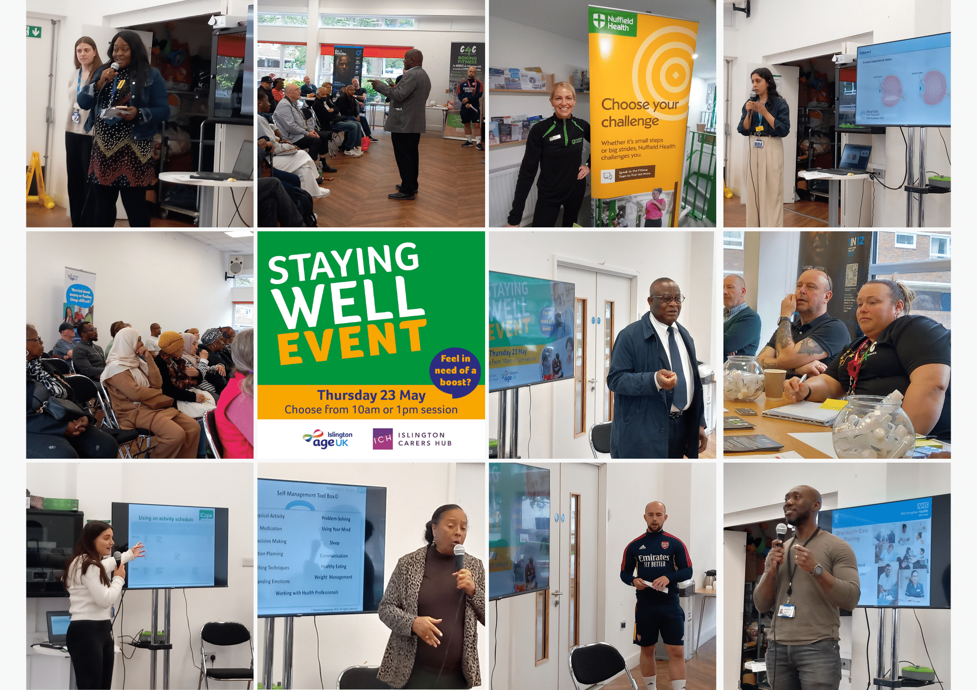 Collage of photos from Staying Well event showing talks and audience listening