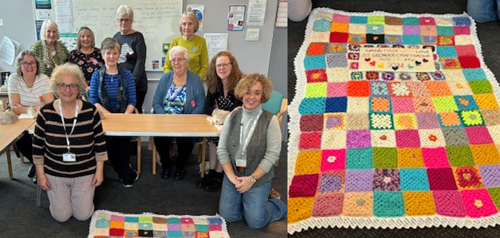 Coffee and Crafting Club members with their multi-coloured blanket