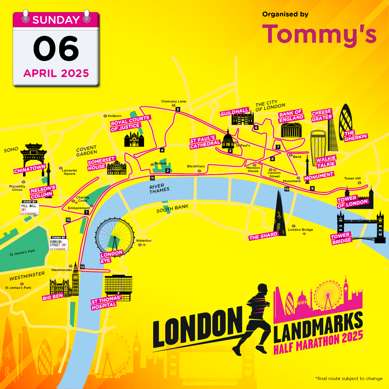 Route map of the London Landmarks Half Marathon 2025 indicating key spots including Big Ben, Nelson's column, The Shard and more.