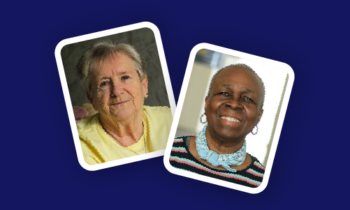 A photo of an older white woman and a photo of an older Black woman, both smiling, side by side