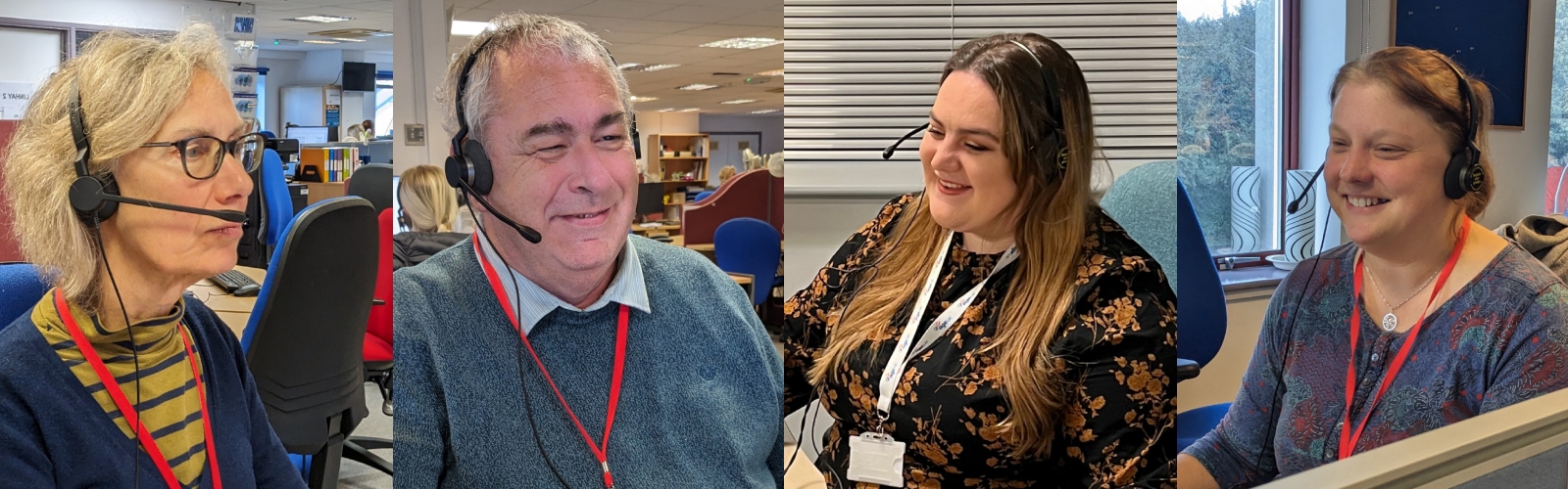 A collage of four members of the Age UK Advice Line team smile with headsets on, taking calls