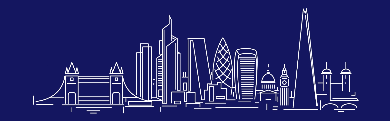 A line drawing of the City of London skyline, in white against a dark blue background