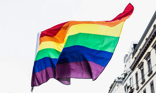 A coloured pride flag on a black and white background. 